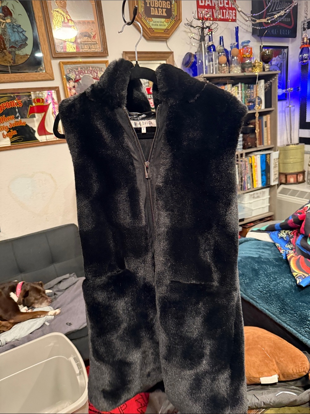 Via Spiga Black Faux Fur Zip Vest